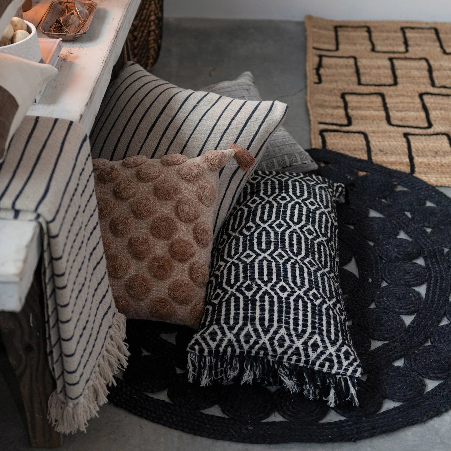 Cotton Pillow with Tufted Dots & Tassels