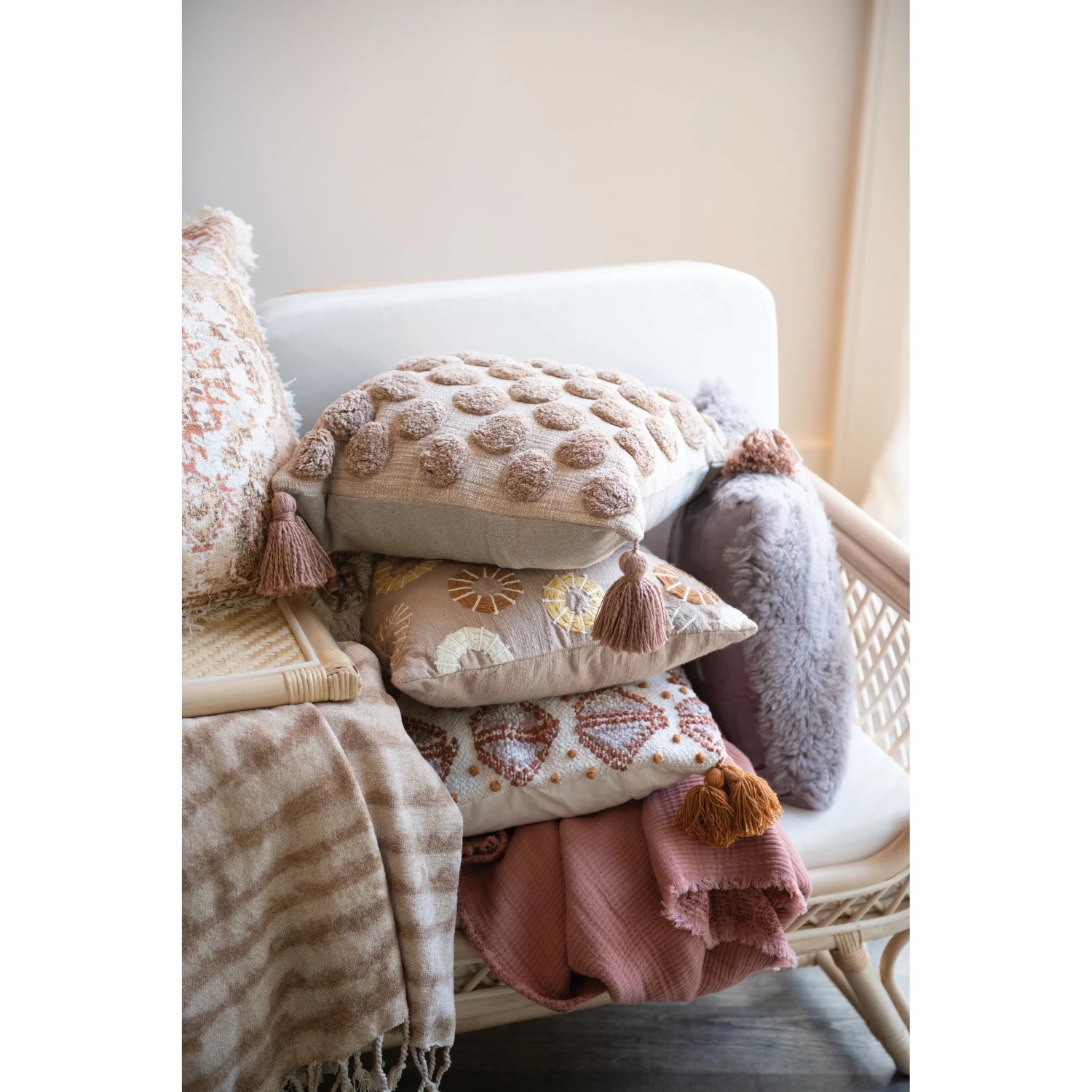 Cotton Pillow with Tufted Dots & Tassels