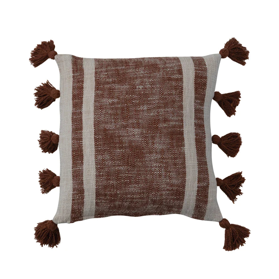Cotton Slub Pillow w/ Stripes & Tassels