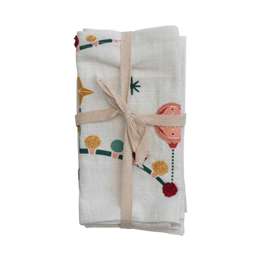 Slub Printed Napkins w/ Embroidery (Set of 4)