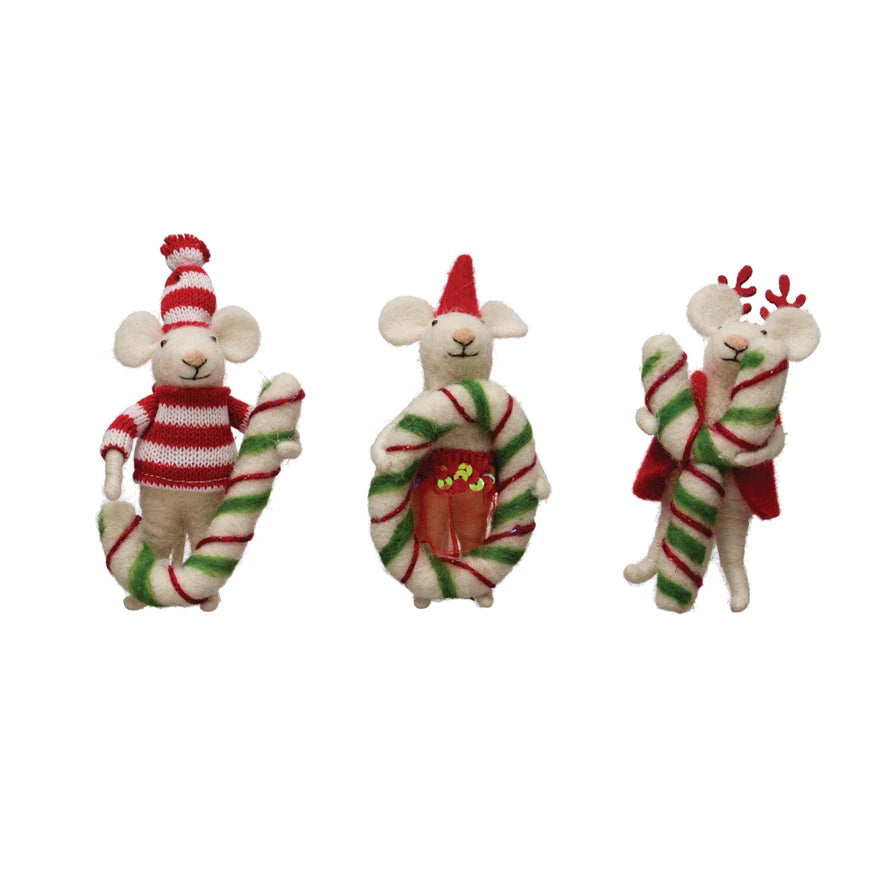 "Joy" Wool Felt Mice w/ Candy Canes