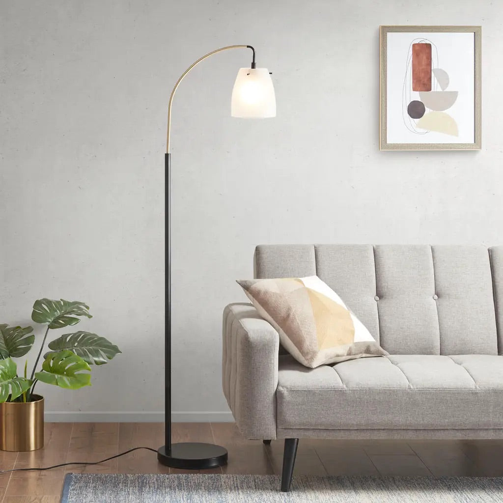 Matte Black Gold Arched Neck Floor Lamp White Shade