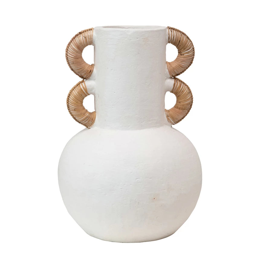 Terra-cotta Vase with Rattan Wrapped Handles